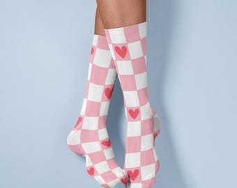 Socks Pink Checkered Design with Red Hearts, Perfect for Romantic Gifts and Trendy Outfits (S, M ,L)