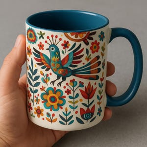 Folk Art Coffee Mug: Bohemian Ceramic Mug for Nature Lovers