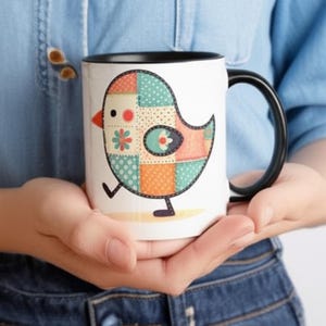 Whimsical Patchwork Bird Coffee Mug - Cute Gift for Bird Lovers, Morning Tea, Home Decor, Colorful Accent Mug, Fun Kitchen Accessory