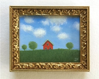 Barn Miniature Landscape Painting, TINY Painting  1.5 x 2"  Framed Miniature Original Painting, Dollhouse Painting 1:12 scale  Farm Painting