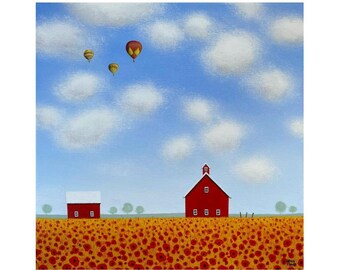 Old Red BARN Flower Painting Poppies, Hot Air Balloons, ORIGINAL Country PAINTING, Poppy field, Farmstead Landscape Painting