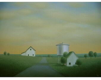 Barn Painting  Old Farm Painting  LARGE Sky Clouds ORIGINAL Barn Art  Country Landscape Painting  18 x 24 FRAMED painting  Folk Art Painting