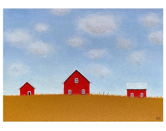 Old FARM Barn Folk Art 5 x 7" RED BARN Painting, Country Acrylic Painting Small Painting Landscape Painting, Original Shed painting Country