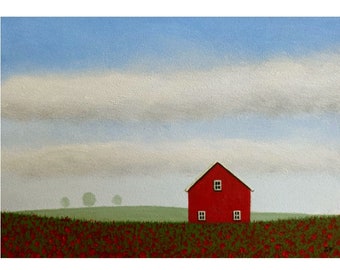 Floral Landscape Red Barn Painting Poppy FARM Folk Art 5 x 7" Small Acrylic Painting Original Poppies Country art Flowers Landscape Painting