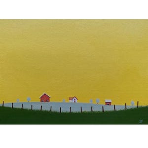 Red Barn Old Farmhouse 5 x 7&quot; Landscape Painting FARM Folk Art Small Acrylic Painting farming Original Country art gift Landscape Painting