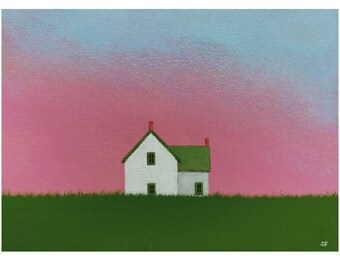 Old FARM HOUSE Folk Art 5 x 7" Sunset Sky Painting, White House Acrylic Painting Small Painting Landscape Painting Original painting Country