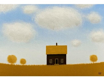 Farmhouse Painting Rustic Cabin FARM Folk Art 5 x 7" Small Barn Acrylic Painting Original painting Country Little Painting Landscape Old