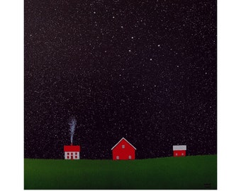 Barn Farm  Original BIG DIPPER Painting XX  Night Sky Stars Country Landscape Painting Farmhouse Original Folk Painting Contemporary Art