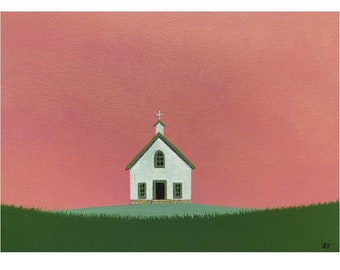 White Country Church Painting Pink Sky Folk Art 5 x 7" Small Barn Acrylic Painting Original Christian Art, Country Painting Landscape Old