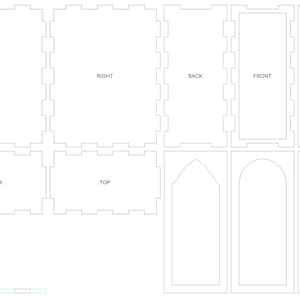 May include: A laser-cut design for a box, featuring individual pieces labeled "LEFT", "RIGHT", "BACK", "FRONT", "BOTTOM", and "TOP". Includes additional decorative panels and a scale indicating 1/4 inch material thickness.