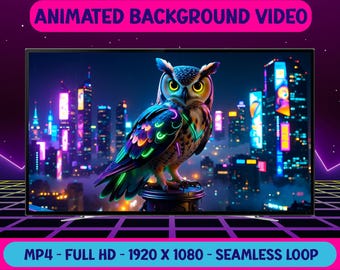 Cyberpunk Neon Owl in Futuristic City Animated Background Video - Full HD Virtual Background Livepaper - Digital Download