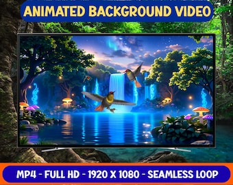 Hummingbird Waterfall Animated Background: Seamless Loop Video (Digital Download)