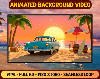 Vintage Oldtimer geparkt am Strand bei Sonnenuntergang animierte Hintergrundvideo - nahtlose Schleife - digitaler Download