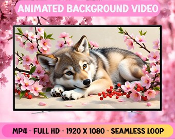 Baby Wolf In Cherry Blossom Flowers Animated Background Video - Full HD Virtual Background Livepaper - Digital Download
