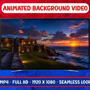 Op de afbeelding: Een geanimeerde achtergrondvideo op een scherm, met een zonsondergang boven een kustfort en de vlag van Puerto Rico. De tekst op de afbeelding luidt: ANIMATED BACKGROUND VIDEO, MP4 - FULL HD - 1920 X 1080 - SEAMLESS LOOP.