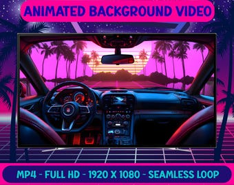 Auto 80er Retro Sunset Roadtrip animierter Hintergrund - Nahtlose Schleife - Live Wallpaper - Digital Download