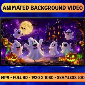 Op de afbeelding: Een geanimeerde achtergrondvideo weergegeven op een scherm met een Halloween-scène met meerdere witte geesten, uitgesneden pompoenen, een grote gele volle maan en een donker landhuis. De tekst luidt ANIMATED BACKGROUND VIDEO.