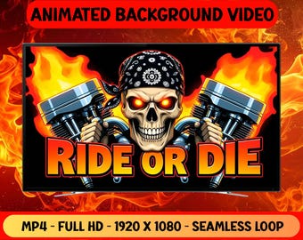 "Ride or Die Schädel Flamme Motorrad Biker Animierte Hintergrundvideo ""Seamless Loop"" (Digitaler Download)"
