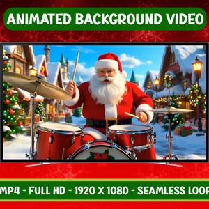 Pode incluir: Uma tela de televisão exibe um vídeo animado com tema natalino. Papai Noel, vestido com roupa e chapéu vermelhos, toca bateria em uma vila nevada. O texto verde diz "Animated Background Video". O vídeo é MP4, Full HD, 1920 x 1080.