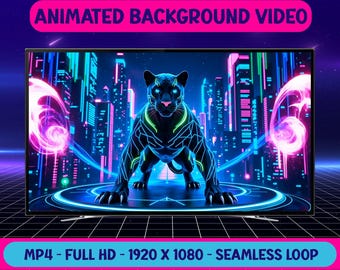 Cyberpunk Neon Panther in Futuristic City Animated Background Video - Full HD Virtual Background Livepaper - Digital Download
