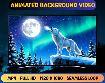 Geanimeerde achtergrondvideo Wolf die bij volle maan in de winter huilt - virtuele Full HD-achtergrond Livepaper - digitale download