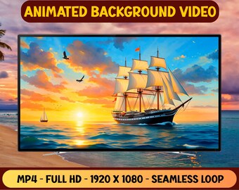 Altes Vintage Schiff im Meer bei Sonnenuntergang Animiertes Hintergrundvideo - Full HD Virtueller Hintergrund Livepapier - Digitaler Download
