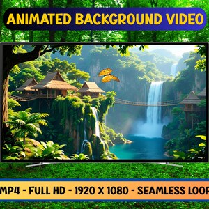 Può includere: Un televisore mostra un video di sfondo animato di una scena tropicale con cascate, capanne e farfalle. Il testo in alto recita "ANIMATED BACKGROUND VIDEO". Il testo in basso recita "MP4 - FULL HD - 1920 X 1080 - SEAMLESS LOOP."
