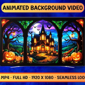 May include: A television screen displays a Halloween-themed animated background video. The scene features a spooky mansion, jack-o'-lanterns, bats, and trees. The text at the top reads "ANIMATED BACKGROUND VIDEO" and at the bottom "MP4 - FULL HD - 1920 X 1080 - SEAMLESS LOOP".