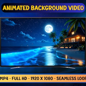 May include: A flat-screen TV displays an animated night scene of a beach with a full moon, palm trees, and a house. The text "ANIMATED BACKGROUND VIDEO" is at the top, and "MP4 - FULL HD - 1920 X 1080 - SEAMLESS LOOP" is at the bottom.