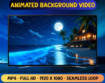 Ruhige Vollmondnacht im Tropischen Strandhaus Animiertes Hintergrundvideo - Nahtlose Schleife - Digitaler Download