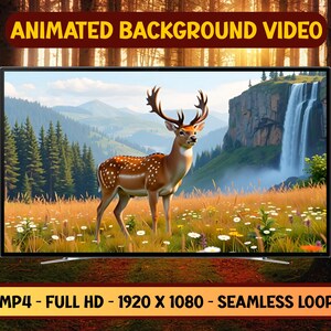Op de afbeelding: Een tv-scherm toont een geanimeerde natuurscène. Een hert met grote geweien staat in een veld met wilde bloemen, met een waterval en bergen op de achtergrond. De tekst "ANIMATED BACKGROUND VIDEO" staat bovenaan.