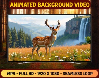 Majestic Deer in Waterfall Forest Animated Background Video - Full HD Virtual Background Livepaper - Digital Download