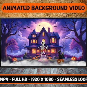 May include: A digital Halloween-themed animated background video displayed on a flat-screen TV. The scene features a spooky house, a skeleton, pumpkins, and a black cat under a full moon. The text on the screen reads "ANIMATED BACKGROUND VIDEO" and "MP4 - FULL HD - 1920 X 1080 - SEAMLESS LOOP."