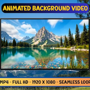 May include: A flat-screen TV displays an animated background video of a mountain lake scene with colorful rocks. The text "ANIMATED BACKGROUND VIDEO" is at the top. The video is MP4, Full HD, 1920 x 1080, and a seamless loop.