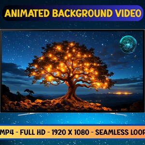 Puede incluir: Una pantalla de televisión muestra un vídeo de fondo animado. El vídeo presenta un árbol iluminado con luces doradas sobre un cielo estrellado. El texto "ANIMATED BACKGROUND VIDEO" está en la parte superior y "MP4 - FULL HD - 1920 X 1080 - SEAMLESS LOOP" en la inferior.