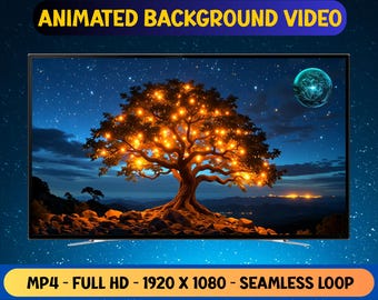 Mystisch leuchtender Baum in magischer Nacht - Nahtlose Schleife Animiertes Video - Full HD Virtueller Hintergrund Livepaper - Digitaler Download