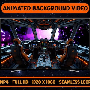 Puede incluir: Una pantalla digital muestra un vídeo de fondo animado de una cabina de nave espacial. La cabina presenta asientos naranjas y grises, paneles de control y una vista de una escena espacial púrpura y negra. El texto en la parte superior dice "ANIMATED BACKGROUND VIDEO". El texto inferior dice "MP4 - FULL HD - 1920 X 1080 - SEAMLESS LOOP".
