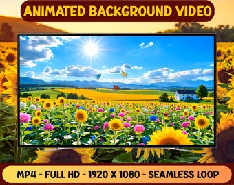 Sonnenblumengarten Landschaft Animiertes Hintergrundvideo - Full HD Virtueller Hintergrund Livepapier - Blumenanimation - Digitaler Download