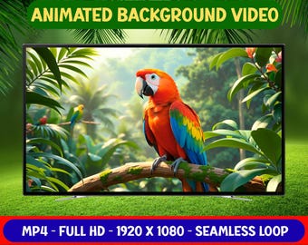 May include: A flat-screen TV displays an animated background video featuring a vibrant parrot perched on a branch in a lush, green jungle. The video is labeled "Animated Background Video" and is in Full HD, 1920 x 1080 resolution, and a seamless loop.