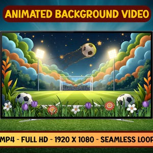 May include: A flat-screen TV displays an animated soccer scene. The background features a night sky with stars, clouds, and spotlights illuminating a soccer field. The text "ANIMATED BACKGROUND VIDEO" is at the top.