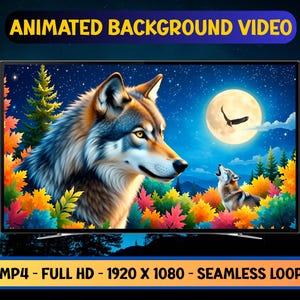May include: An animated background video displayed on a television screen. The video shows a detailed illustration of a wolf with a full moon, an eagle, and a howling wolf. The scene is set in a forest with colourful foliage. Text at the top reads "ANIMATED BACKGROUND VIDEO".