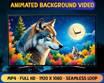 Wolf with Mystical Full Moon Animated Background Video - Full HD Virtual Background Livepaper - Digital Download