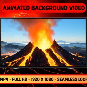 Puede incluir: Una pantalla de televisión muestra una escena animada de un volcán con lava fluyendo y una erupción ardiente contra un cielo azul. El texto en la parte superior dice "ANIMATED BACKGROUND VIDEO". El texto inferior indica MP4, Full HD, 1920 x 1080 y un bucle continuo.