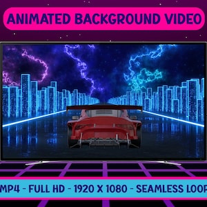 Puede incluir: Una pantalla de televisión muestra un vídeo de fondo animado. El vídeo presenta un coche deportivo rojo en una carretera de neón, con un paisaje urbano y relámpagos en el fondo. El texto superior dice "ANIMATED BACKGROUND VIDEO". El texto inferior dice "MP4 - FULL HD - 1920 X 1080 - SEAMLESS LOOP".