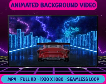 May include: A flat-screen TV displays an animated background video. The video features a red sports car driving down a neon-lit road, with a cityscape and lightning in the background. Text at the top reads "ANIMATED BACKGROUND VIDEO". The bottom text reads "MP4 - FULL HD - 1920 X 1080 - SEAMLESS LOOP".