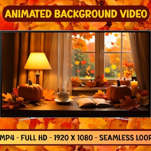 May include: A flat-screen TV displays an animated autumn scene with pumpkins, leaves, and a window view. The text on the screen reads "ANIMATED BACKGROUND VIDEO" and "MP4 - FULL HD - 1920 X 1080 - SEAMLESS LOOP".