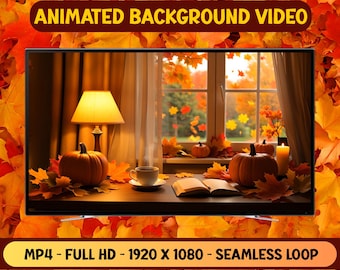 Autumn Cozy Room with Falling Leaves - Animated Background Video - Seamless Loop - Digital Download
