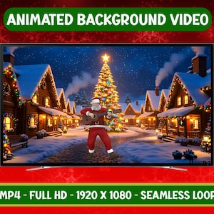 May include: A digital Christmas scene displayed on a television screen. Santa Claus plays a guitar in a snowy village with a decorated Christmas tree. The screen displays the text "ANIMATED BACKGROUND VIDEO" and "MP4 - FULL HD - 1920 X 1080 - SEAMLESS LOOP".