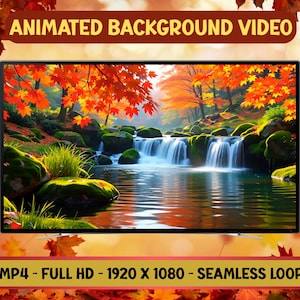 Puede incluir: Una pantalla de televisión muestra un paisaje otoñal animado con una cascada, hojas de color naranja y rojo vibrantes y rocas cubiertas de musgo verde. El texto "ANIMATED BACKGROUND VIDEO" está en la parte superior y "MP4 - FULL HD - 1920 X 1080 - SEAMLESS LOOP" en la parte inferior.
