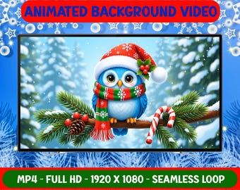 Schöne Baby Eule Winter Weihnachten Urlaub im Wald - Animiertes Hintergrundvideo - Hintergrundpapier - Digitaler Download